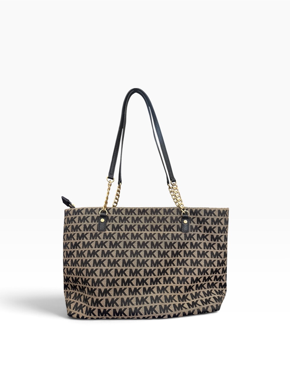 Michael Kors Brown MK Logo Tote with Black Straps and Gold Chain